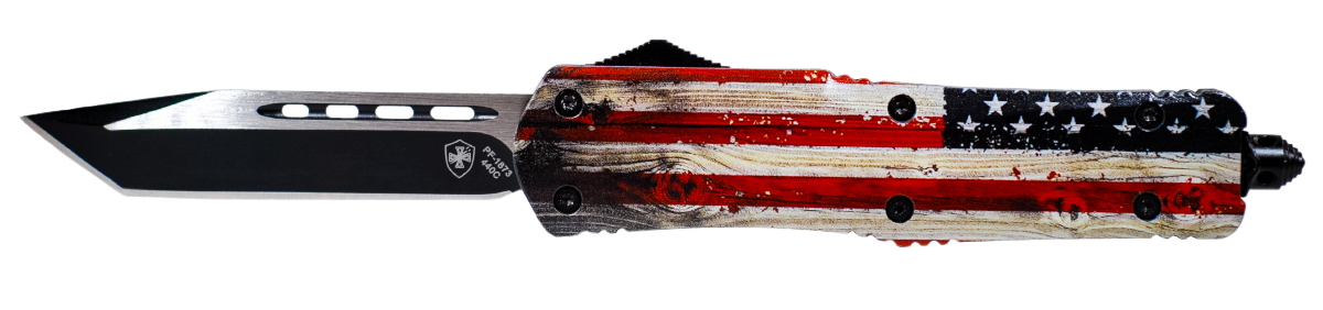 Templar Knife Wood Us Flag, Temp Lwus231  Large Wood Us Flag Tanto 440c Black