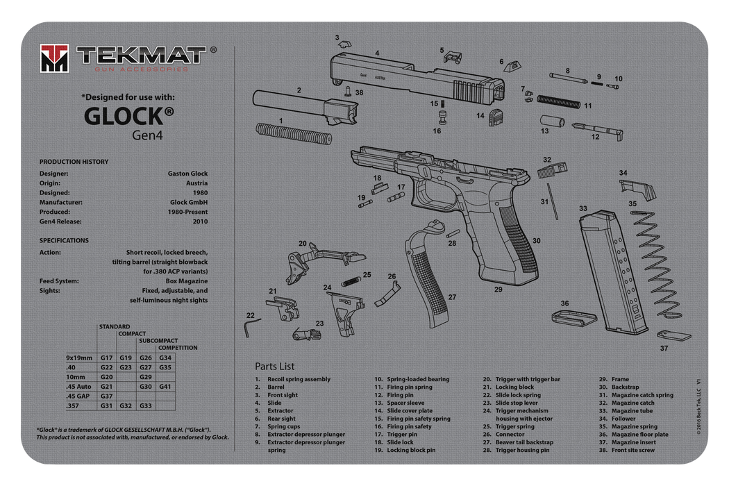 Beck Tek, Llc (tekmat) Ultra Premium Cleaning Mat, Tekmat Tek-r20-glock-g4-gy Ultra