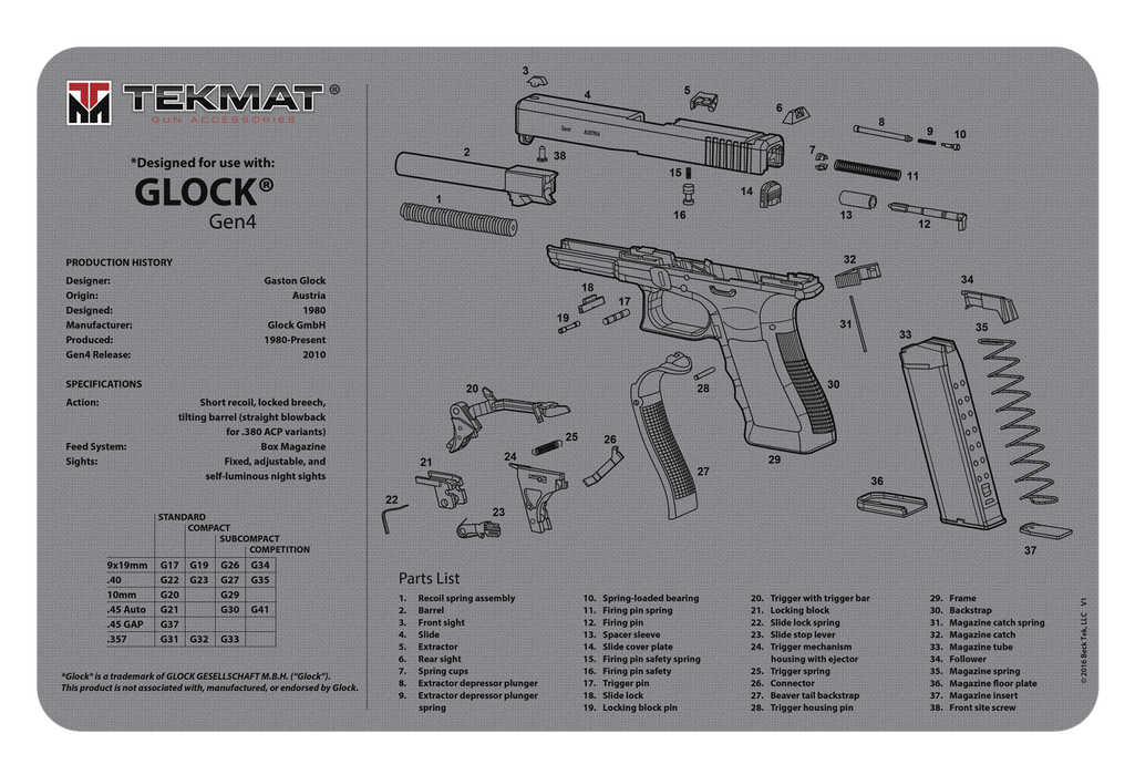 Beck Tek, Llc (tekmat) Original Cleaning Mat, Tekmat R17glockg4gy Glock Gen4 Grey Cleaning Mat