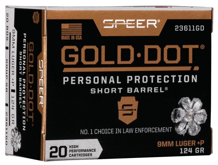 Speer Ammo Gold Dot, Speer 23611gd Gold Dot 9mm+p  124 Hp Sb     20/10